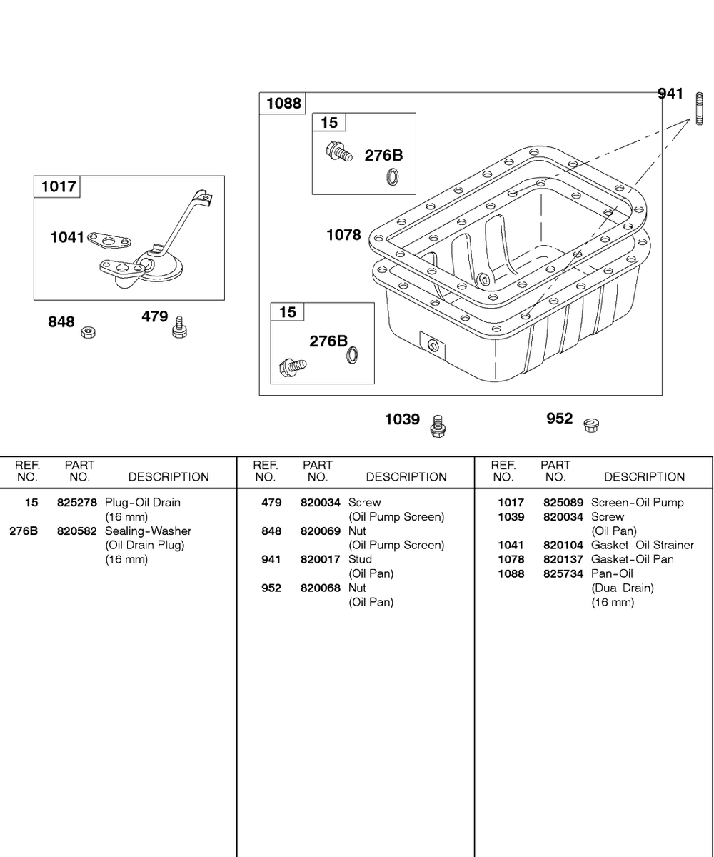 Oil Pan, Oil Pump Screen Diagram and Parts List for 437447-0105-XX  Briggs and Stratton Engine